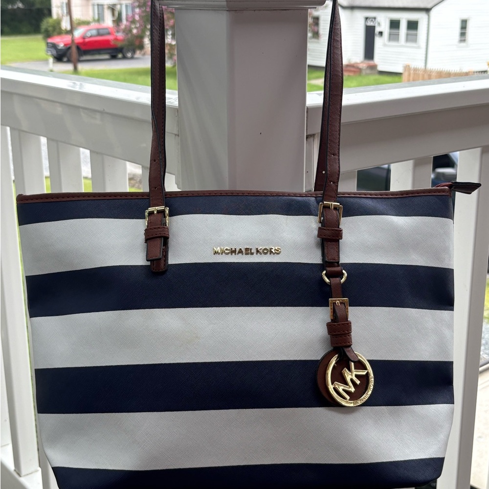 Michael Kors Navy and White Striped Tote